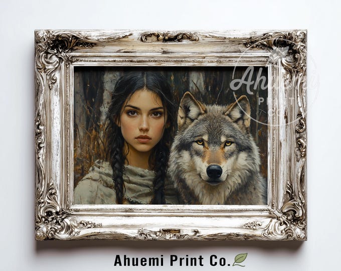 Moody Earthy Portrait Printable - Young Woman with Dark Braids & Wolf, Rustic Forest Art, Folkloric Wall Decor, Instant Download 543