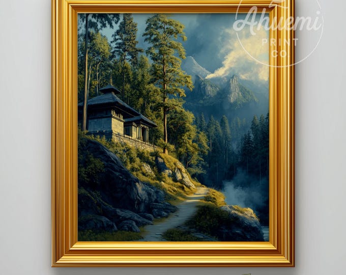 Moody Balinese Stone Temple Landscape, Rustic Spiritual Scene, Misty Mountain Painting, Serene Printable Nature Art, Digital Download 501