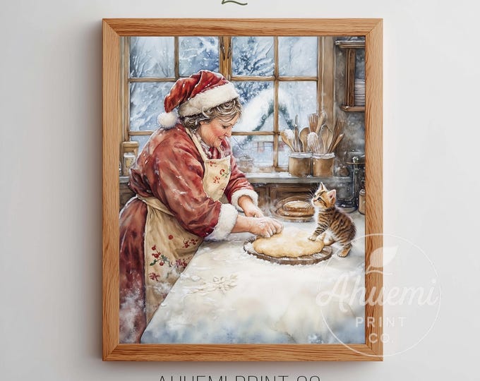 Mrs. Claus Kitchen Art – Vintage Christmas Cat Print (Digital Download)