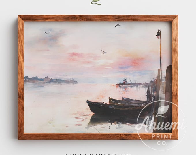 Pastel Watercolor Coastal Print – Serene Nautical Harbor Scene (Digital Download)