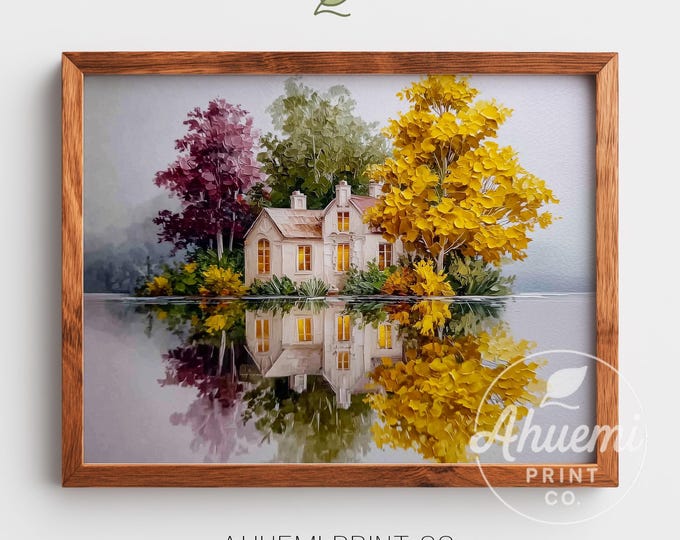 Autumn Lake Cabin Print, Rustic Cottagecore Landscape, Warm Fall Wall Decor