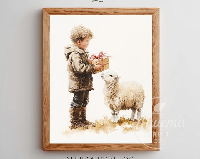 Cottagecore Boy and Sheep Watercolor Print - Rustic Gift Art (Digital Download)