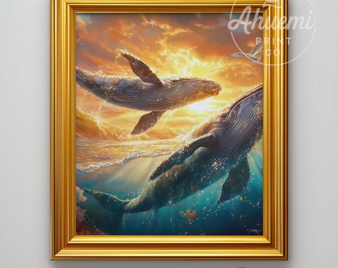 Printable Whale Art - Serene Marine Life Painting, Dreamy Ocean Scene, Nautical Coastal Decor, Tropical Waters Digital Download 460