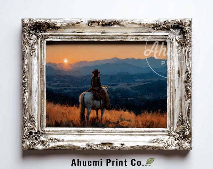 Cowgirl on Horseback at Sunset - Moody Western Landscape, Rustic Mountain Ridge View, Serene Valley Horizon, Printable Art Download 414
