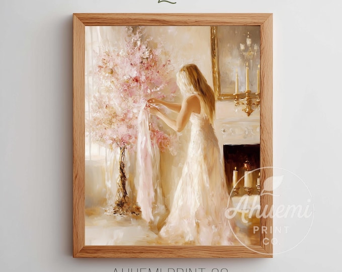 Pink Christmas Tree Art Print – Elegant Woman, Vintage Holiday Scene (Digital Download)