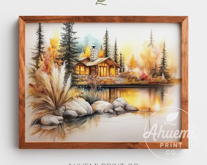 Lakeside Cabin Watercolor Painting – Rustic Cottagecore Print (Digital Download)