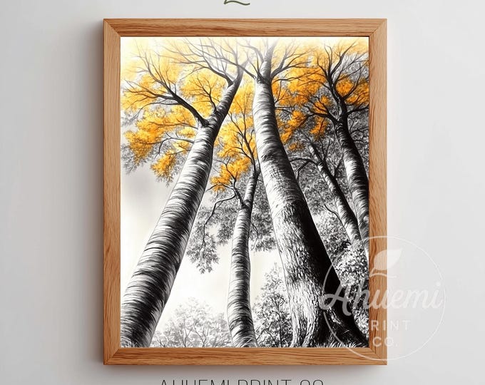 Rustic Birch Tree Autumn Leaves Print, Cozy Nature Art (Instant Download)