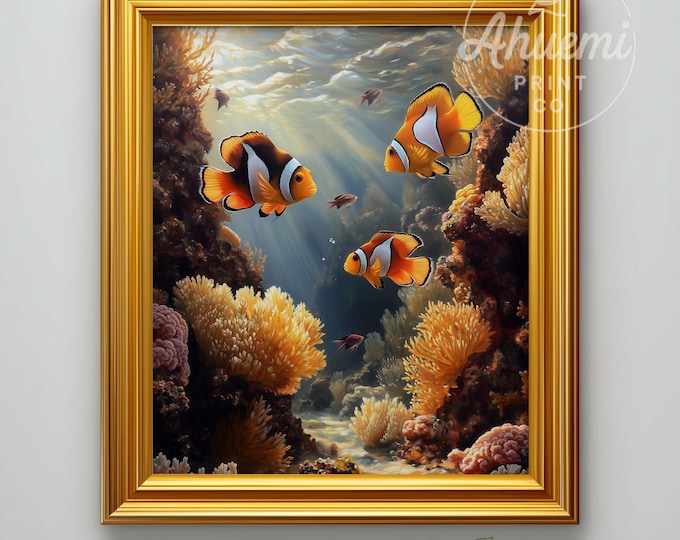 Tranquil Underwater Scene with Clownfish - Tropical Coastal Wall Art, Colorful Coral Reef Decor, Printable Marine Illustration Download  466