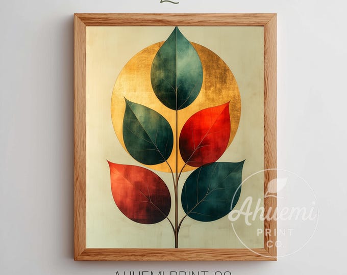 Mid-Century Modern Botanical Wall Art - Retro Mistletoe Leaves, Textured Minimal Print, Printable Artwork Download, Warm Earthy Tones 259