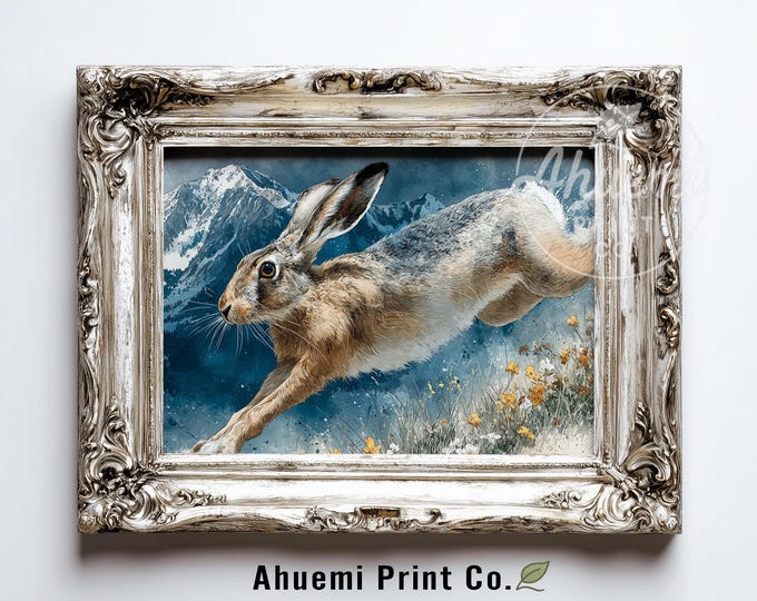 Rustic Black-Tailed Jackrabbit Print, Moody Wildlife Art in Alpine Meadow, Cottagecore Decor, Printable Farmhouse Digital Download 371
