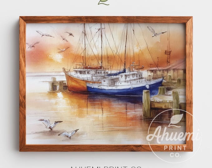 Coastal Harbor Watercolor Art Print – Sunset Beach Scene (Digital Art)