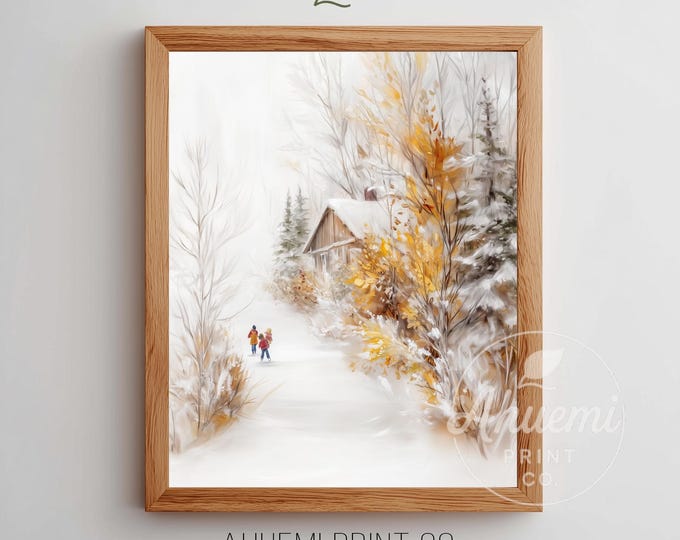 Rustic Winter Cabin Scene, Cozy Festive Holiday Wall Art, Snowy Childrens Path, Serene Printable Christmas Art, Digital Download 261