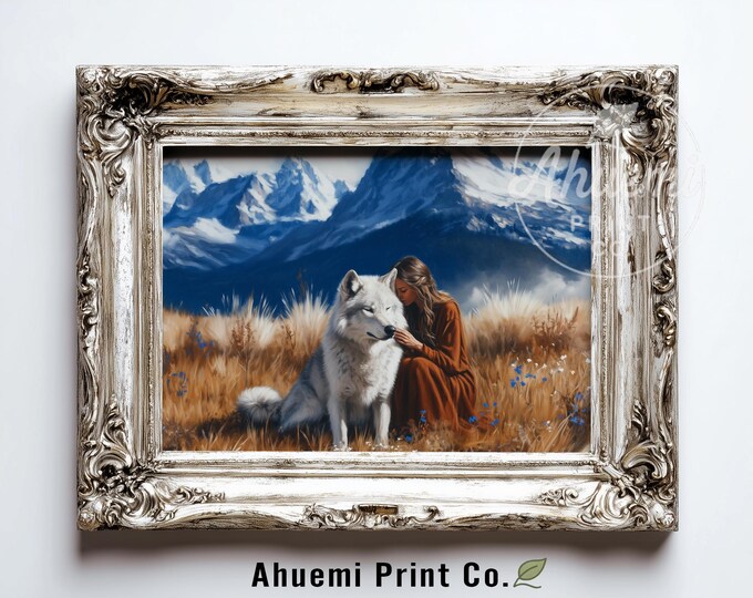 Moody Cottagecore Woman and Wolf Painting - Rustic Nature Art, Alpine Meadow Scene, Fantasy Landscape Wall Decor, Printable Art Download 506