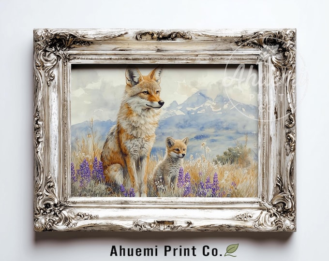 Rustic Coyote and Pup in Summer Grass - Cottagecore Wildlife Art, Serene Nature Scene, Earthy Digital Printable, Cozy Warm Decor 444