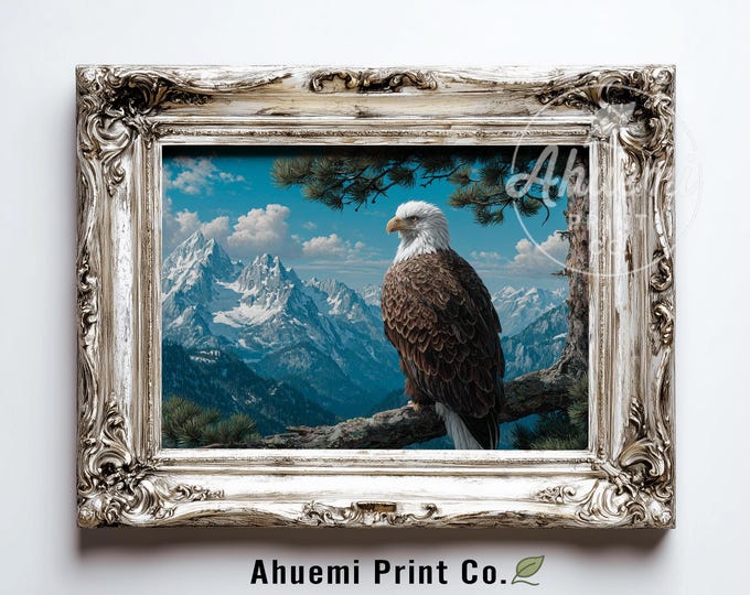 Majestic Bald Eagle Printable Art - Realistic Nature Painting, Rugged Wilderness Scene, Rustic Alpine Landscape, Serene Wildlife View 360