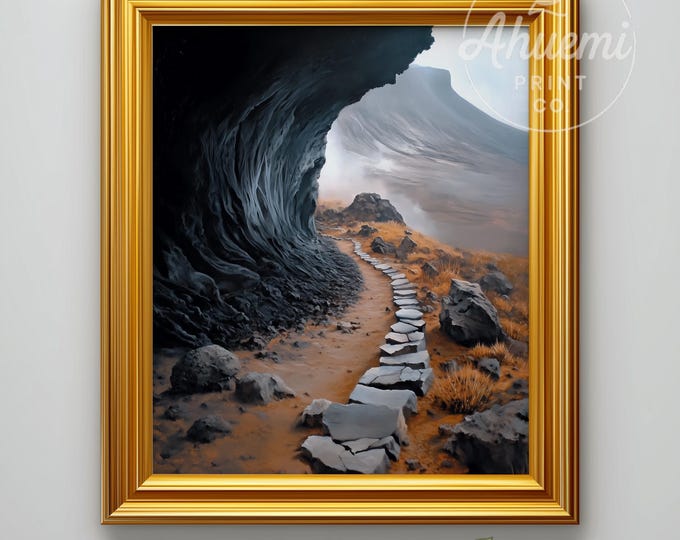 Imposing Lava Formation Painting - Dramatic Volcanic Landscape Art with Earthy Textures, Printable Rich Oil Painting, Digital Download 487