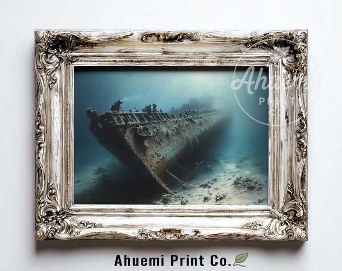 Printable Moody Nautical Wall Art - Dramatic Underwater Shipwreck Scene, Marine Adventure with Divers, Sunken Treasure, Digital Download 453