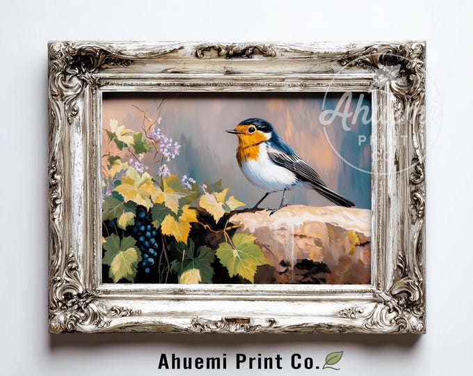 Printable European Robin Art - Vintage Cottagecore Bird Illustration, Cozy Botanical Wall Decor, Instant Digital Download 548