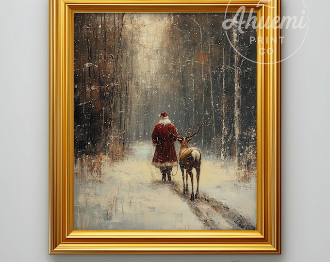 Vintage Santa and Reindeer Print – Rustic Winter Art (Digital Printable)