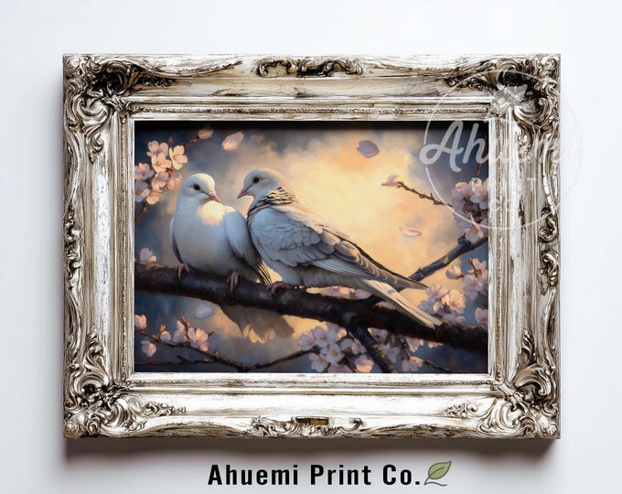 Romantic Pair of Doves on Cherry Blossom Branch, Soft Cottagecore Wall Art, Printable Spring Decor, Vintage-Inspired Digital Painting 510