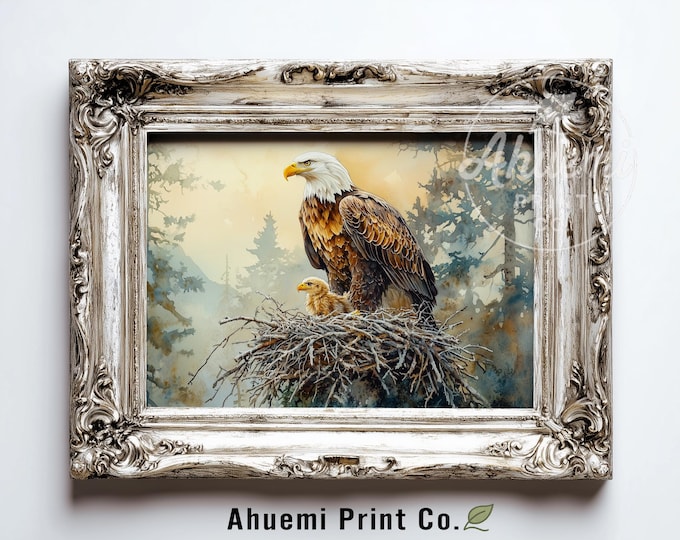 Majestic Bald Eagle and Eaglet Printable - Rustic Wildlife Art Print, Serene Forest Landscape, Ideal Cabin Decor, Digital Download 437