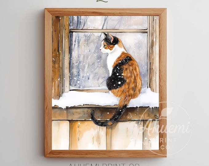 Calico Cat Winter Window Painting – Cottagecore Wall Art (Digital Download)