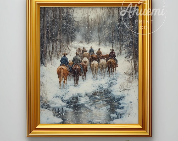 Cattle Drive Winter Art Print – Vintage Farmhouse Decor (Digital Download)