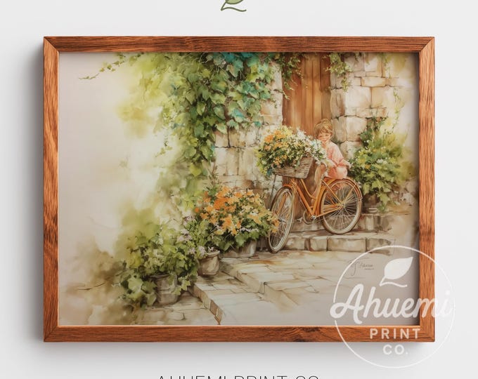 Vintage Bicycle Watercolor Print – Cottagecore Floral Art (Digital Download)