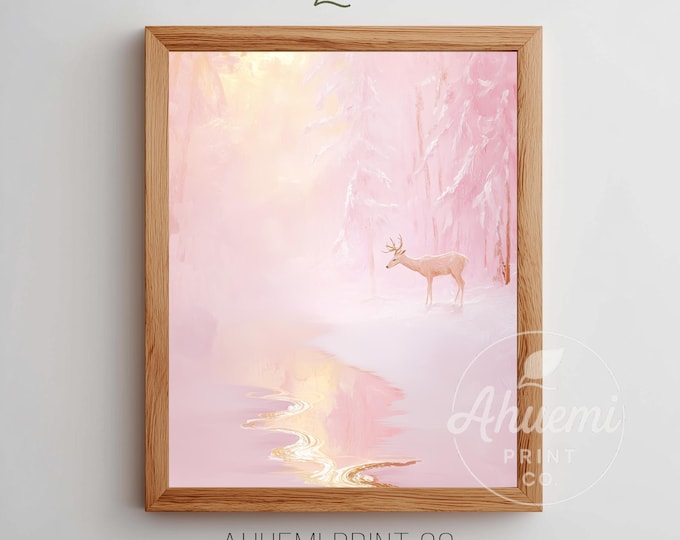 Pink Deer in Tranquil Snowy Woodland - Cottagecore Winter Twilight Scene, Pastel  Art, Moody Icy Stream, Digital Printable Art 135