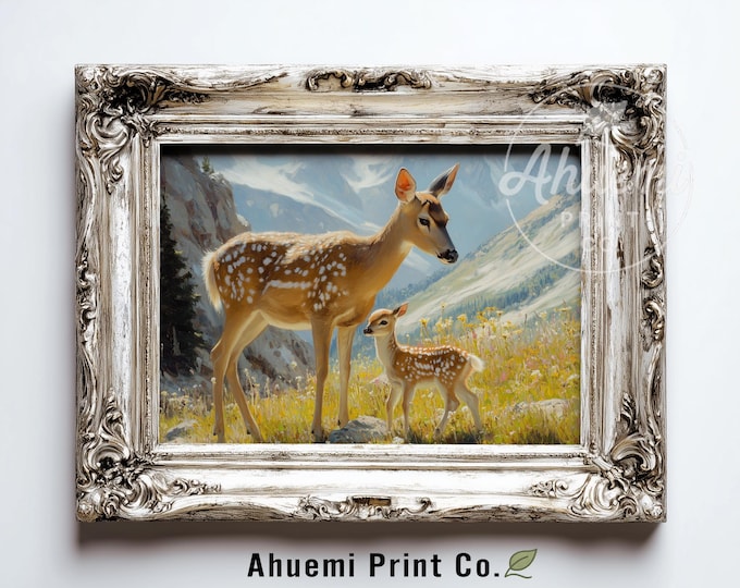 Rustic Wildlife Art of Mule Deer Doe & Fawn - Pastoral Nature Wall Painting, Cozy Nursery Decor, Sunlit Mountain Meadow Scene, Printable 430