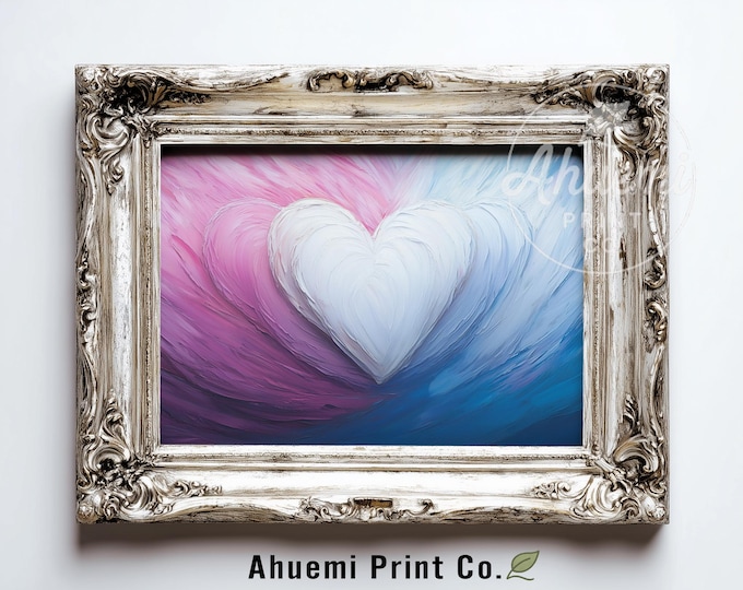 Moody Sculptural Wall Art - Romantic Textured Heart Painting, Abstract Contemporary Art, Pink & Blue Gradient Printable Decor Download 587