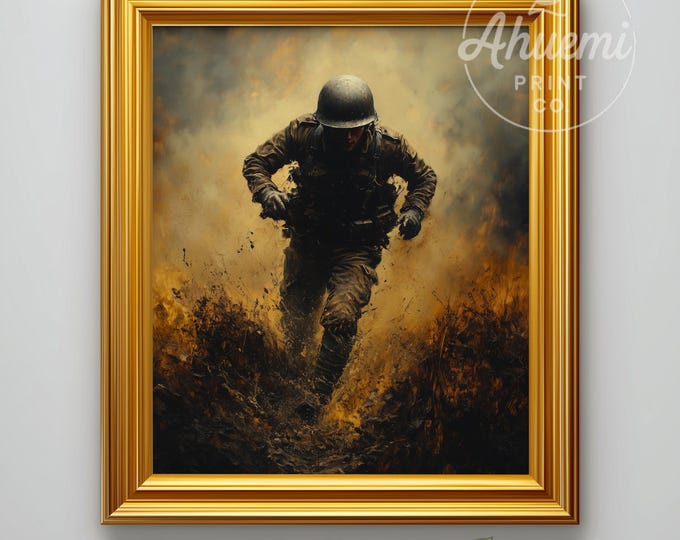 Vintage War Soldier Printable Art - Moody WWI Era Gritty Painting, Dramatic Soldier in Motion, Barren Field Landscape, Digital Download 458