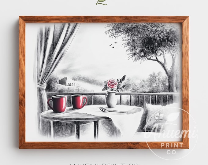 Cozy Cafe Table for Two Print - Romantic Monochrome Scene, Vintage Sketch Art with Red Mugs, Instant Digital Download Wall Decor 46