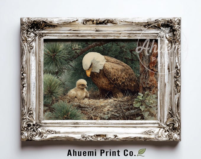 Vintage Bald Eagle and Eaglet Painting - Realistic Wildlife Art, Rustic Nature Wall Decor, Earthy Muted Colors, Printable Art Download 438