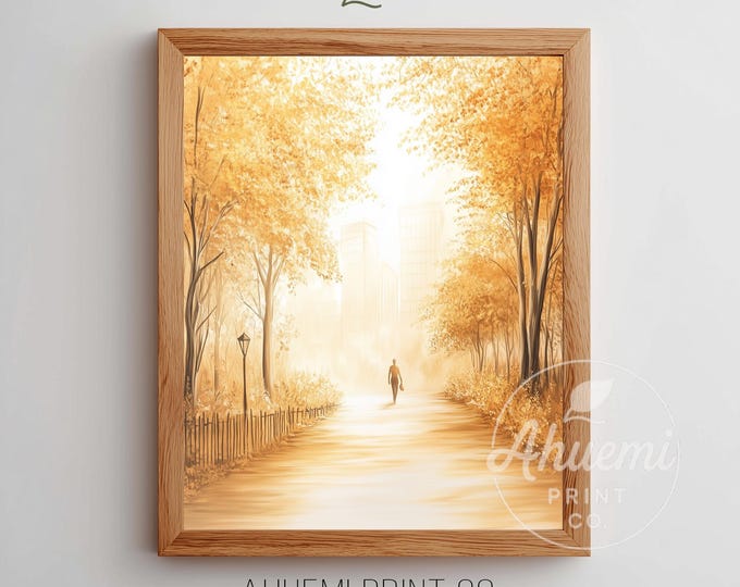 Autumn Park Path Art Print, Cozy Landscape Painting (Digital Download)