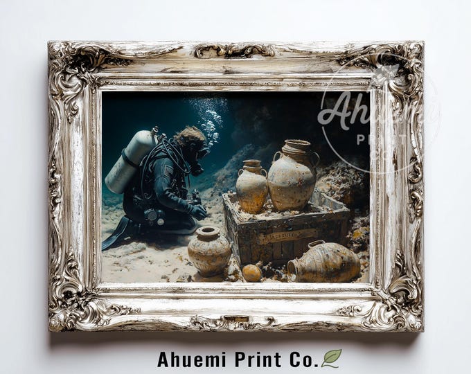 Moody Nautical Adventure - Underwater Archaeology Scene with Scuba Diver, Vintage Amphorae, Nautical Photo Art Decor, Digital Download 456