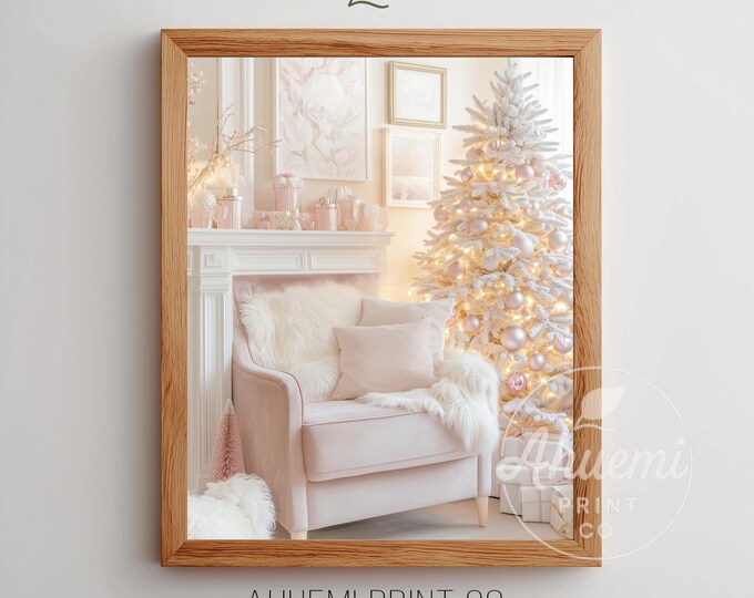 Pink Christmas Interior Print – Cozy Velvet Armchair, Holiday Home Decor (Digital Download)