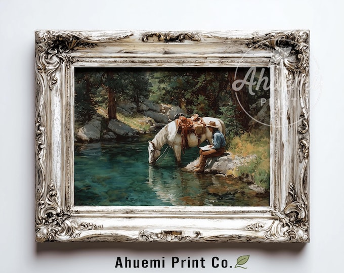 Rustic Western Cowgirl Watering Mare Painting, Vintage Country Scene, Tranquil Landscape Art, Printable Pastoral Decor, Instant Download 417