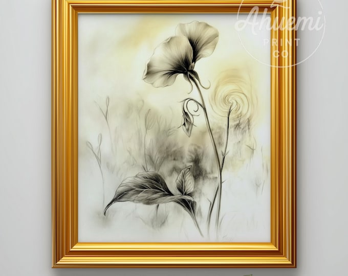 Violet Flower Botanical Sketch Print - Minimalist Vintage Wall Art (Digital Download)