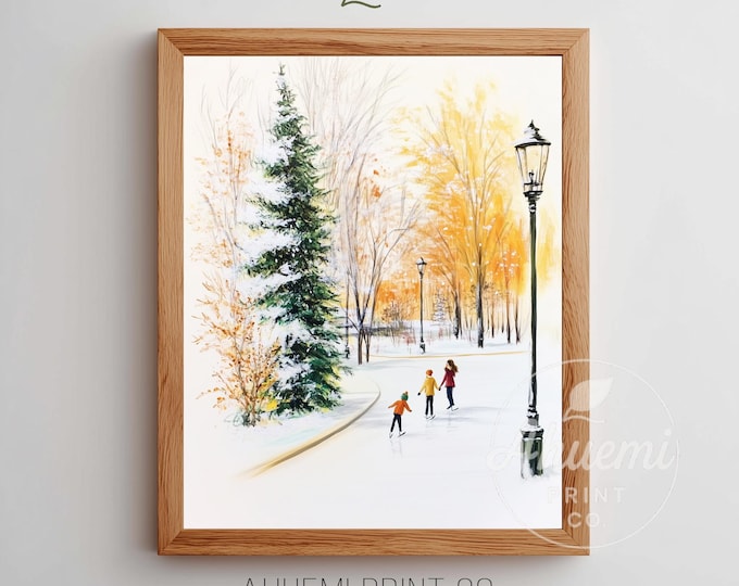 Winter Plaza Scene Printable Art, Charming Ice Skating Children, Cozy Festive Winter Decor, Evergreen Lamppost View, Digital Download 262