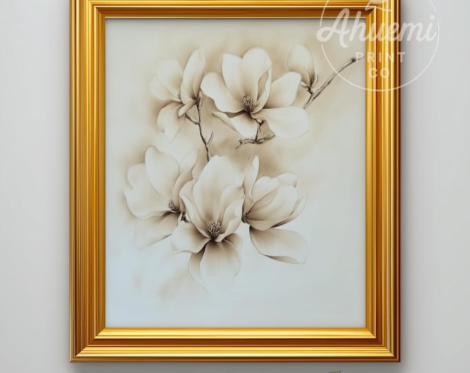 Magnolia Blossom Sketch Art Print – Neutral Sepia Botanical (Digital Download)