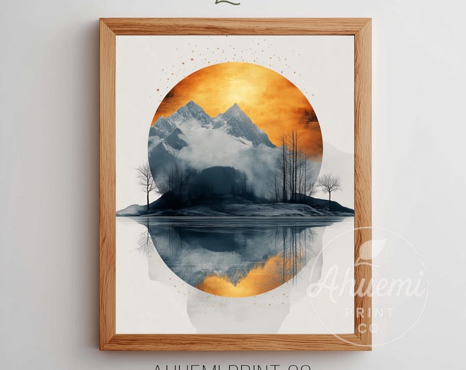 Modern Moody Winter Watercolor Landscape - Minimalist Circular Snow-Globe Lake Scene, Moody Island Art Print, Digital Download Art 240