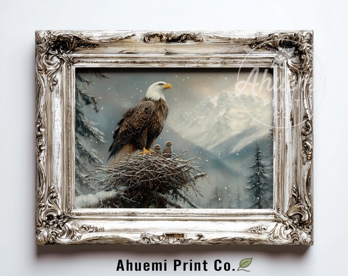 Moody Winter Bald Eagle Printable Art - Rustic Wildlife Scene, Majestic Snowy Landscape Decor, Textured Nest & Misty Mountains, Digital 442