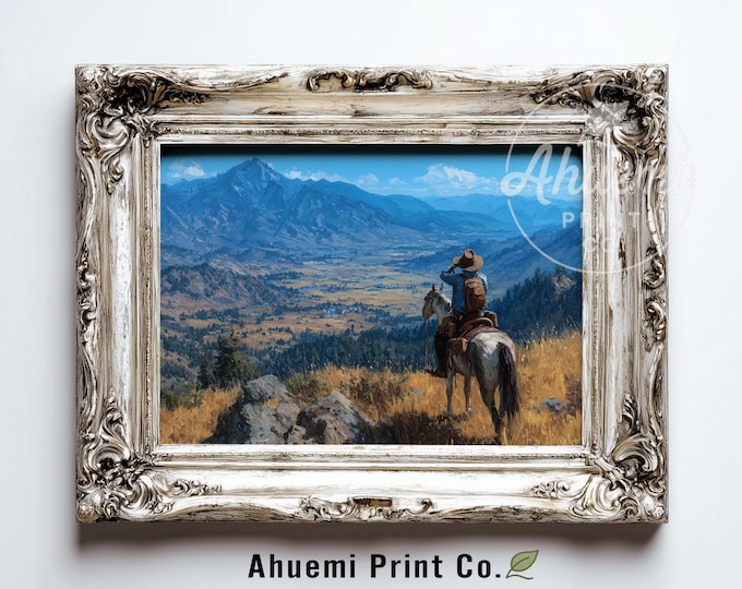Rustic Cowboy with Horse on Sierra Outcrop - Classic Western Landscape, Printable Wall Art Decor, Expansive Scenic View Digital Download 402