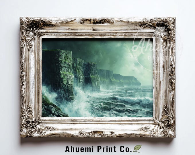 Moody Cliffs of Moher Seascape - Atmospheric Coastal Art, Dramatic Stormy Scene, Printable Wall Art, Rugged Landscape, Digital Download 482