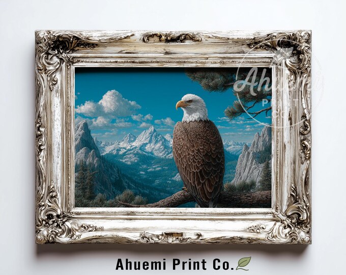 Majestic Bald Eagle Printable Art - Realistic Wildlife and Nature Landscape, Snow-Capped Mountains Scene, Dramatic Digital Wall Decor 365