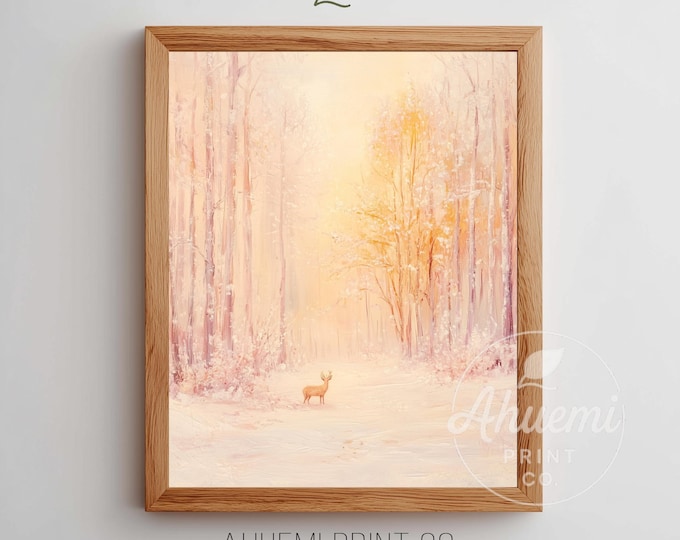 Pink Deer Winter Forest Print – Dreamy Snowy Landscape (Digital Download)