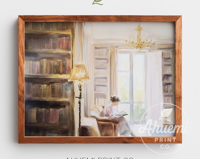 Vintage Library Reading Nook Watercolor Painting – Cottagecore Decor (Digital Download)