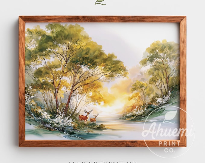 Misty Forest Dawn Print – Tranquil Watercolor Landscape Art (Digital Download)