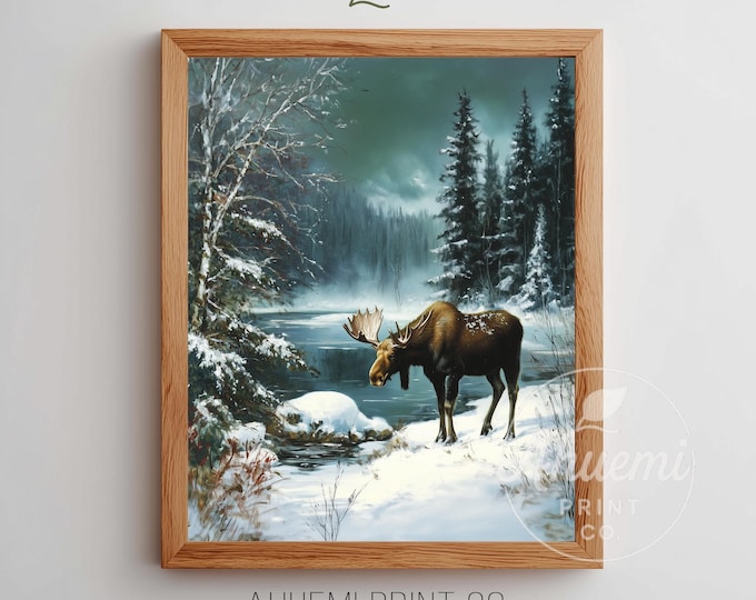 Winter Moose Art Print – Rustic Cabin Decor, Snowy Lake (Digital Download)